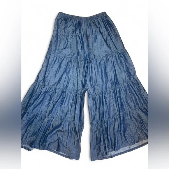 Natural Life NWT Wide Leg Pants XL Blue Chambray Tiered Flowy Boho Coastal - Picture 2 of 10